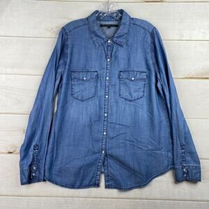 SP Black Label Top Womens XL Blue Distressed Pearl Snap Pockets Chambray Denim